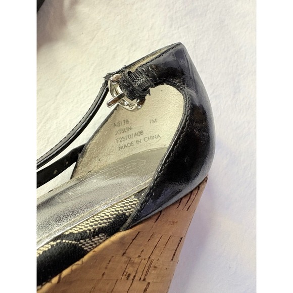 Coach Signature C Wedge Sandals Black Patent Cork Wedge Heels Size 7 - Picture 8 of 8